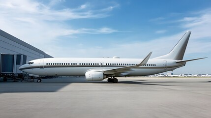 Commercial airplane parks at airport gate