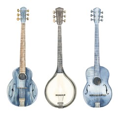 Naklejka premium Watercolor Illustration of Three Blue Guitars - Acoustic, Banjo and Mandolin.