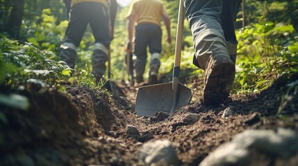 Forest Workers Digging Trail With Shovel