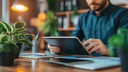 Fototapeta premium Investor analyzes crypto portfolio on smart tablet
