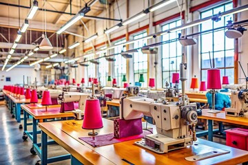 Naklejka premium Close-up of a Modern Sewing Factory Interior Featuring State-of-the-Art Sewing Machines in a Spacious Workshop Environment with Ample Copy Space for Text and Graphics