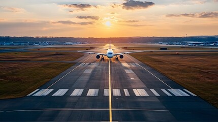 Airplanes parked at sunset on airport runway