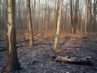 Sunlit Forest After a Fire Charred Trees and Ashes