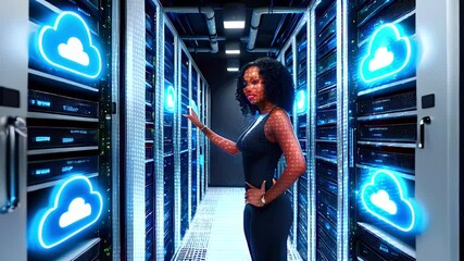 Woman in black dress standing in a server room, looking at a cloud icon on a server rack. - Powered by Adobe