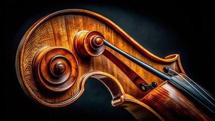 Close-Up of Cello Scroll on a Black Background, Capturing the Intricate Details of Wood Grain and Craftsmanship in a Stunning Landscape Photography Style