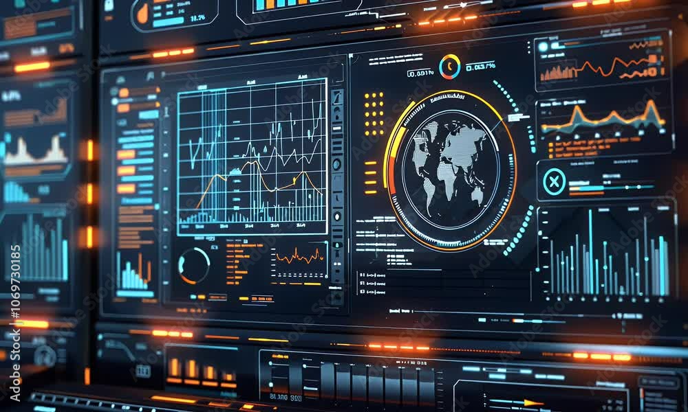 Aufkleber high-tech digital interface displaying real-time data and graphs, with an overlay of virtual screens