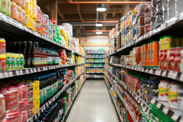 Aisle in grocery store, full of products