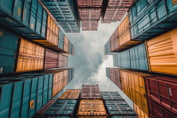 Fototapeta premium stack of shipping containers reaching up to sky, creating sense of overwhelming scale and global trade