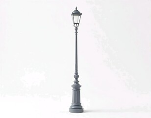 A tall black metal street lamp with a glass lantern on top, standing on a pedestal against a plain white background