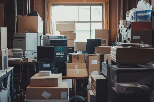 cluttered room with boxes stacked high, window lets in natural light, creating sense of chaos and disarray
