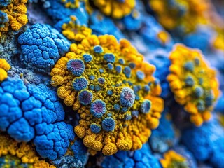 Close-Up of Vibrant Blue and Yellow Lichen Texture Showcasing Intricate Patterns in Nature's Artwork, Perfect for Nature Enthusiasts and Texture Lovers Alike