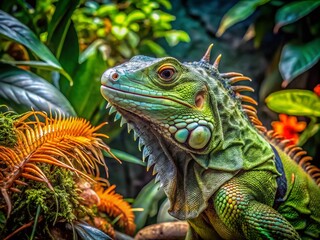 Fototapeta premium Close-Up Panoramic View of a Green Iguana in a Mini Zoo Setting Surrounded by Lush Foliage and Natural Habitat Elements for Wildlife Enthusiasts and Nature Lovers