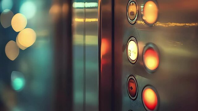A hand pressing the elevator button, illuminated by soft glowing lights.