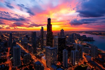 Obraz premium Cityscape background at sunset, with realistic skyscrapers and a colorful sky filled with shades of orange and pink