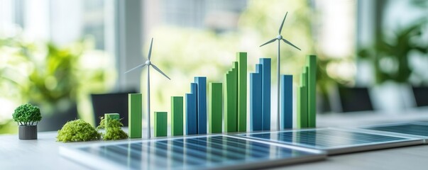 Bar graphs with green and blue color themes, symbolizing investment growth in wind and solar energy, clean office setup