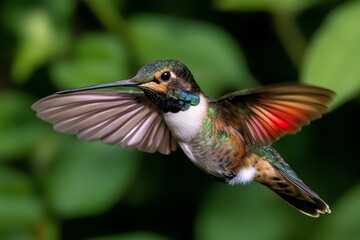 Close-up of a hummingbird in mid-flight, with delicate wings and vivid colors captured in detail