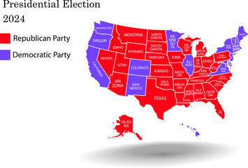 United States Presidential Election 2024 election result. Map statistic, which party wins which part of US.