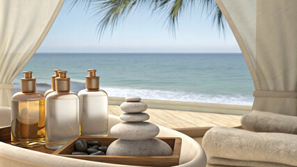 Obraz premium Relaxing spa setting with essential oils, stones, and ocean view. Perfect for wellness and tranquility, this serene environment invites rejuvenation and peace