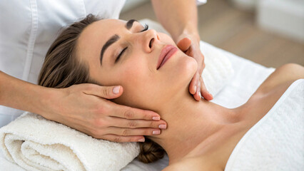 woman receiving relaxing facial massage in serene spa setting, promoting wellness and rejuvenation. therapist hands gently apply pressure to woman face, enhancing relaxation