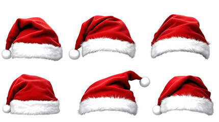 A collection of six classic red and white Santa Claus hats, each with a slightly different position and angle, isolated on a pure white background.