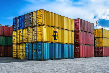 Stack of colorful shipping containers under blue sky