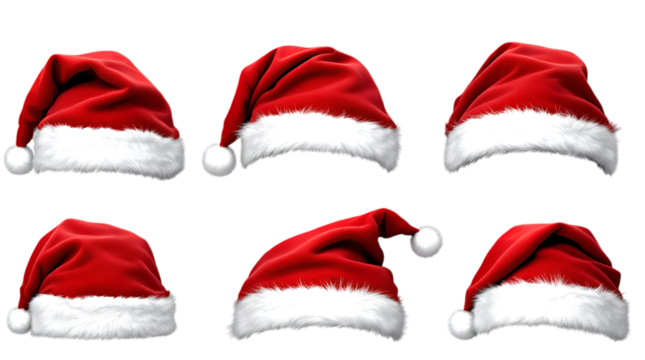 A collection of six classic red and white Santa Claus hats, each with a slightly different position and angle, isolated on a pure white background.