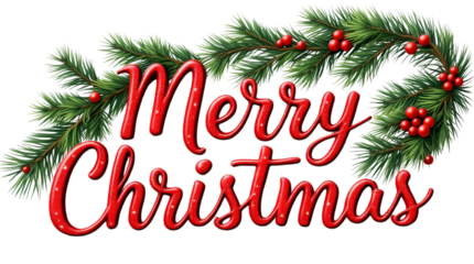 Festive Merry Christmas greeting with realistic pine branches and red berries isolated on transparent white background, png