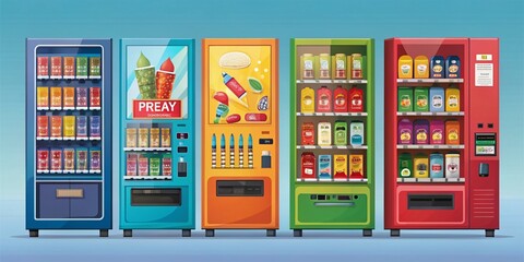 Colorful Vending Machines Offering Snacks and Drinks in Flat Style - A Vibrant Illustration Perfect for Food and Beverage Themes