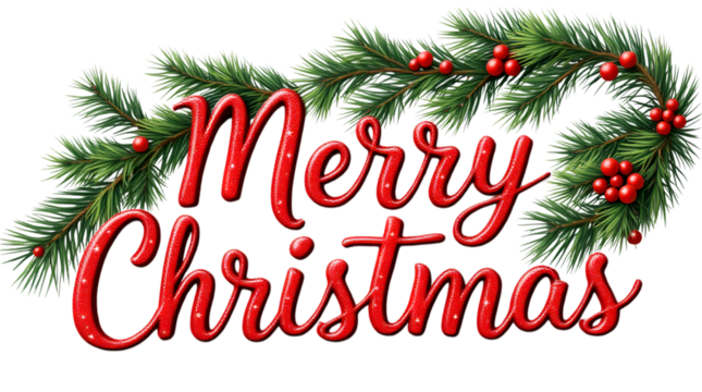 Festive Merry Christmas greeting with realistic pine branches and red berries isolated on transparent white background, png