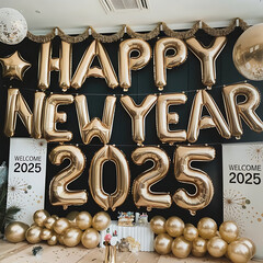 A photo of a party room with a large "Happy New Year 2025" message written in gold balloons. The balloons are arranged in the shape of the message and are hanging from the ceiling. There are additiona