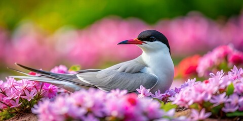 Obraz premium Common Tern Nesting Among Pink Flowers: A Close-Up View of Nature's Beauty and Wildlife in a Serene Environment, Showcasing the Delicate Balance of Flora and Fauna