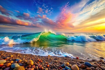Obraz premium Colorful soft sea wave crashing on rocky shore