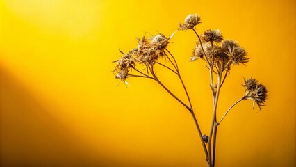 Obraz premium Conceptual Photography of a Dry Plant Against a Bright Yellow Background, Highlighting Contrast and Texture in Nature's Beauty for Artistic Interpretation and Home Decor
