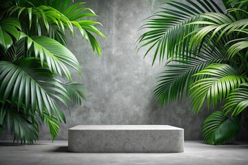 Fototapeta premium concrete stone podium with tropical foliage Forced Perspective