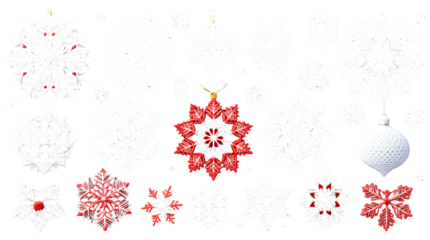 Festive Red and White Snowflake Ornaments isolated on transparent white background, png