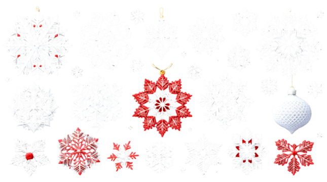 Festive Red and White Snowflake Ornaments isolated on transparent white background, png