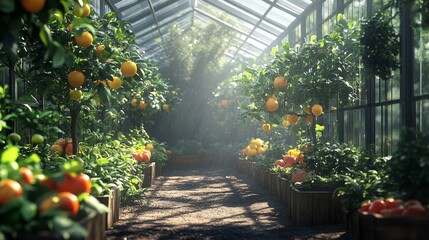 Angled View of a Greenhouse Filled with Lush Fruit Trees, Bathed in Natural Sunlight, Creating a Vibrant and Refreshing Atmosphere with Minimalistic Background for a Serene Greenery Display