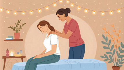 Relaxing massage scene with woman receiving shoulder massage in cozy setting. Soft lighting and calming decor enhance soothing atmosphere
