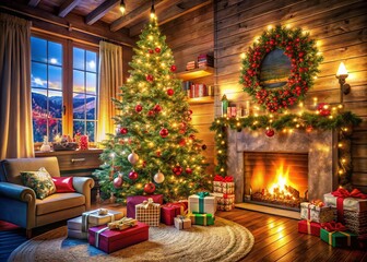 Obraz premium Cozy Christmas Room with a Beautiful Tree and Gifts Surrounded by Twinkling Garland Lights for a Festive Holiday Atmosphere