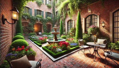 charming brick courtyard featuring a small garden with vibrant flowers and lush greenery surrounding the space. In the center. Generative AI