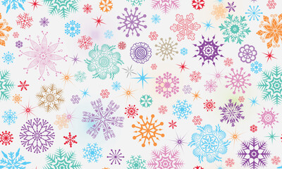 Vector hand drawn seamless winter pattern with colorful snowflakes and stars