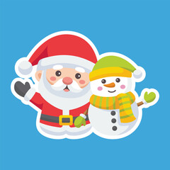 Cartoon illustration of cute Santa Claus character with a snowman. Christmas winter holiday design element