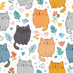 Cute cat hand drawn seamless pattern