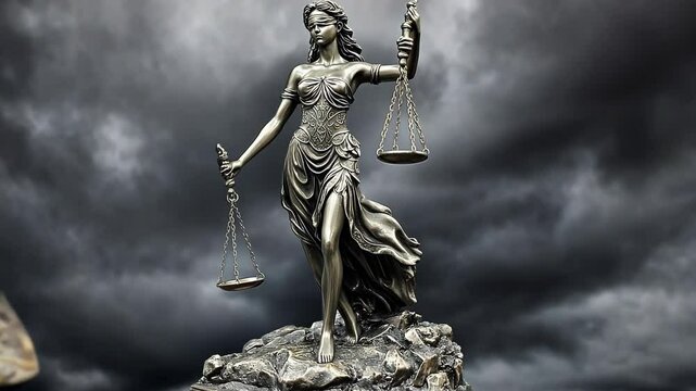 A statue of Lady Justice stands on a rocky base, holding scales of justice and a torch, against a stormy sky