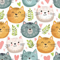 Cute cat hand drawn seamless pattern