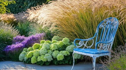 Horizontal banner of Vintage blue and white painted metal chair nestled in private spot in the garden - ornamental grass miscanthus morning light Little lime hydrangeas and purple alliums and