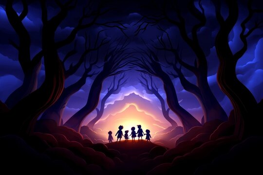Gothic-style illustration of children playing hide and seek in a shadowy, eerie forest with fog and dark trees