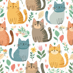Cute cat hand drawn seamless pattern