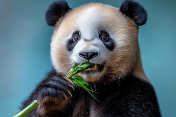 Naklejka premium Illustration of a panda eating bamboo, designed with clean lines on a white background for a playful look