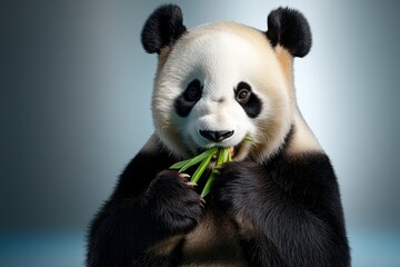 Naklejka premium Illustration of a panda eating bamboo, designed with clean lines on a white background for a playful look